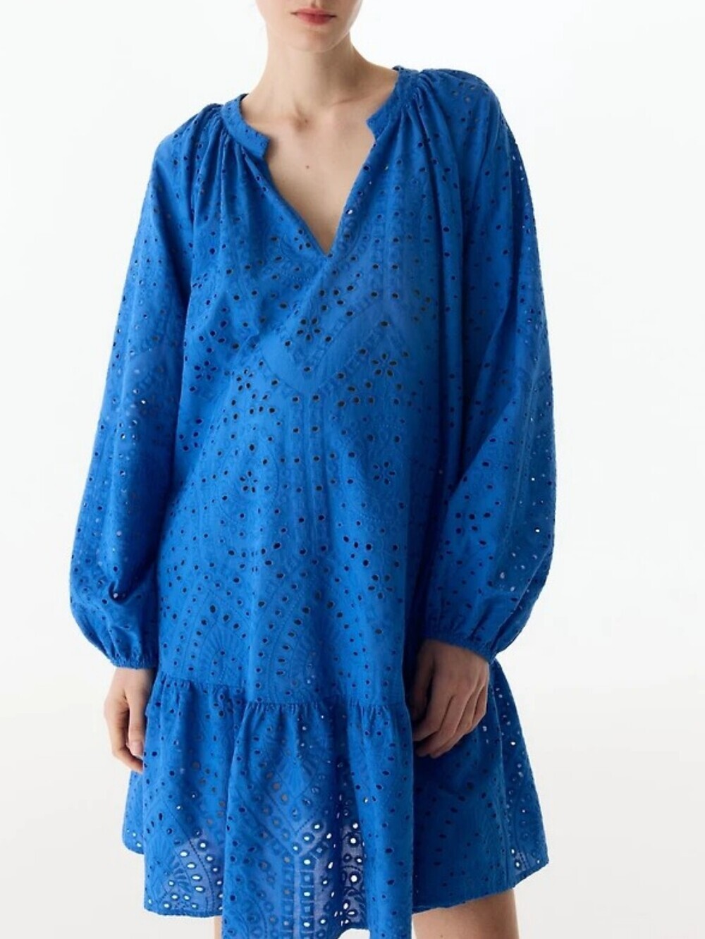 H&M Royal Blue Eyelet Embroidered Peasant Boho Mini Dress Size Large